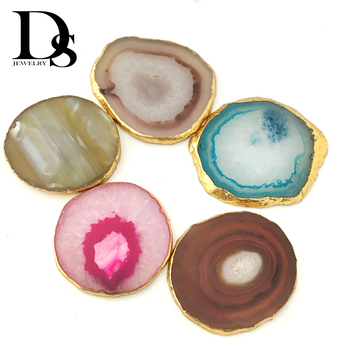 Natural Agate Geode Slice adiabatic Cup Mat Gold Crystal Plate Jade Carnelian Coaster Electroplated Golden edge Table Decoration